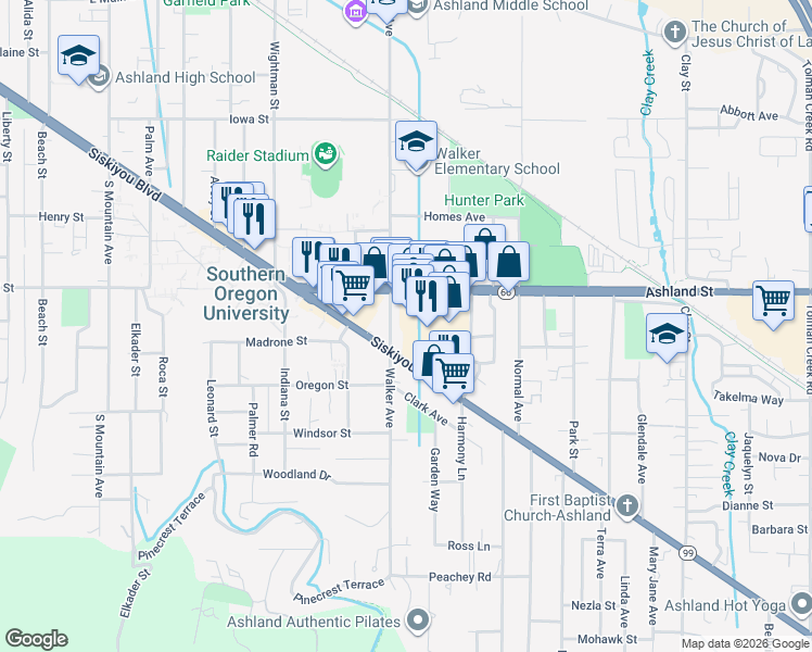 map of restaurants, bars, coffee shops, grocery stores, and more near 1565 Siskiyou Boulevard in Ashland