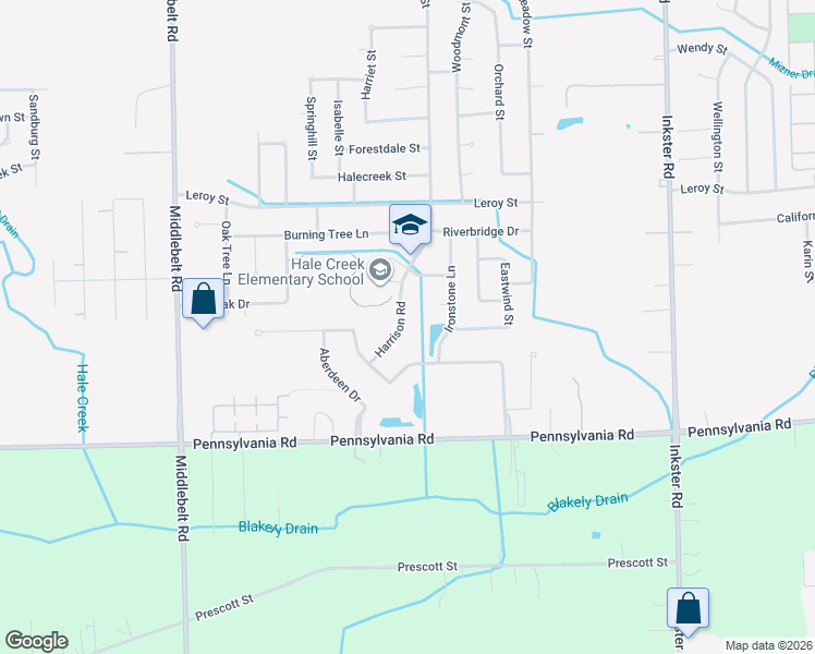 map of restaurants, bars, coffee shops, grocery stores, and more near 16325 Harrison Road in Romulus
