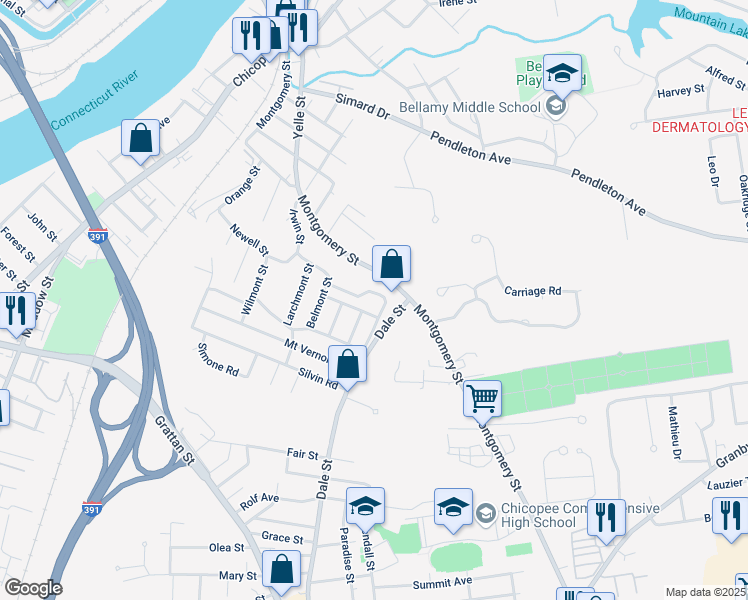 map of restaurants, bars, coffee shops, grocery stores, and more near 12 Arlmont Street in Chicopee