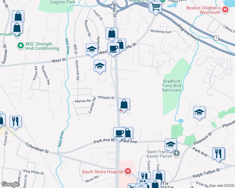 map of restaurants, bars, coffee shops, grocery stores, and more near 636 Main Street in Weymouth