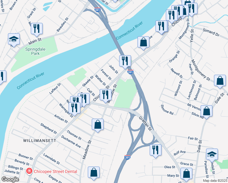 map of restaurants, bars, coffee shops, grocery stores, and more near 77 Meadow Street in Chicopee