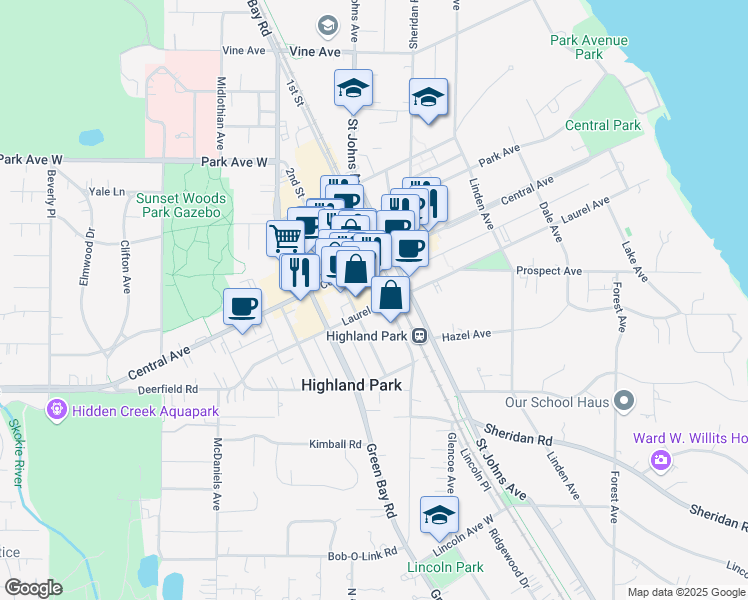 map of restaurants, bars, coffee shops, grocery stores, and more near 1770 1st Street in Highland Park
