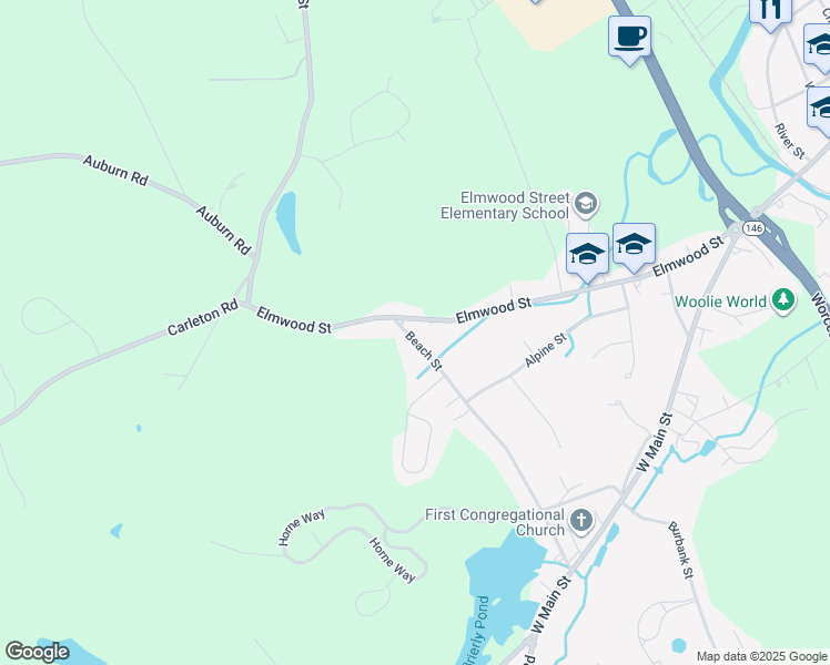 map of restaurants, bars, coffee shops, grocery stores, and more near 60 Beach Street in Millbury