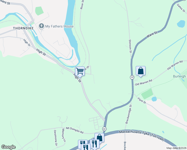 map of restaurants, bars, coffee shops, grocery stores, and more near Center Street in Palmer