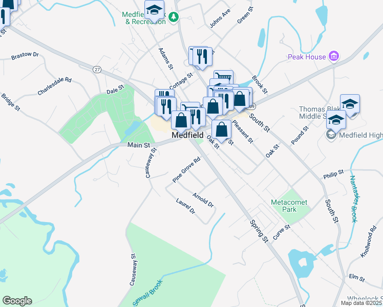 map of restaurants, bars, coffee shops, grocery stores, and more near 15 Spring Street in Medfield