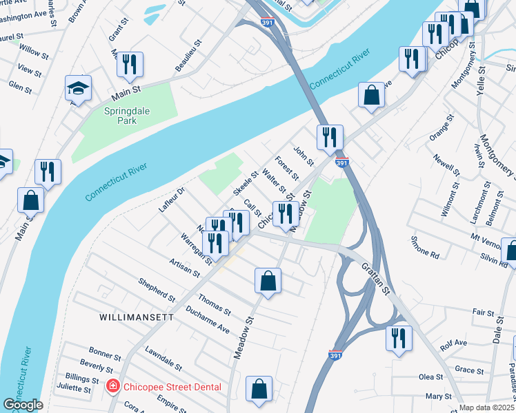 map of restaurants, bars, coffee shops, grocery stores, and more near 35 Call Street in Chicopee