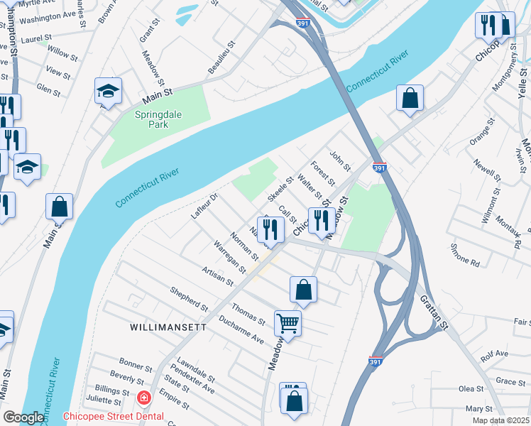 map of restaurants, bars, coffee shops, grocery stores, and more near 71 Ferry Street in Chicopee