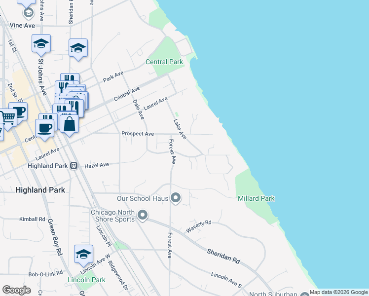 map of restaurants, bars, coffee shops, grocery stores, and more near 1788 Lake Avenue in Highland Park