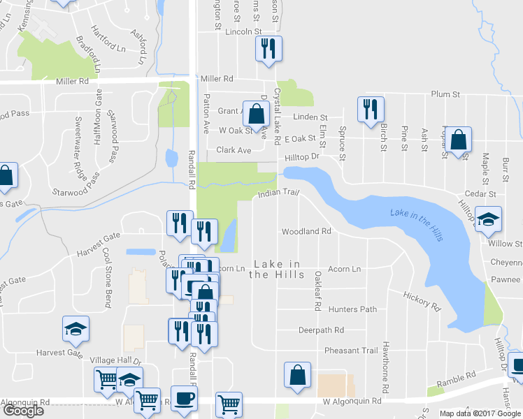 map of restaurants, bars, coffee shops, grocery stores, and more near 467 Village Creek Drive in Lake in the Hills
