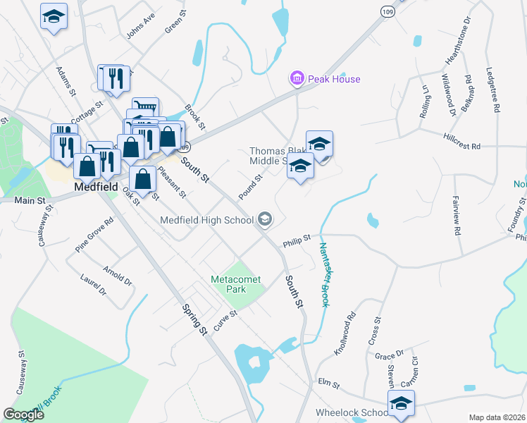 map of restaurants, bars, coffee shops, grocery stores, and more near Village Way in Medfield