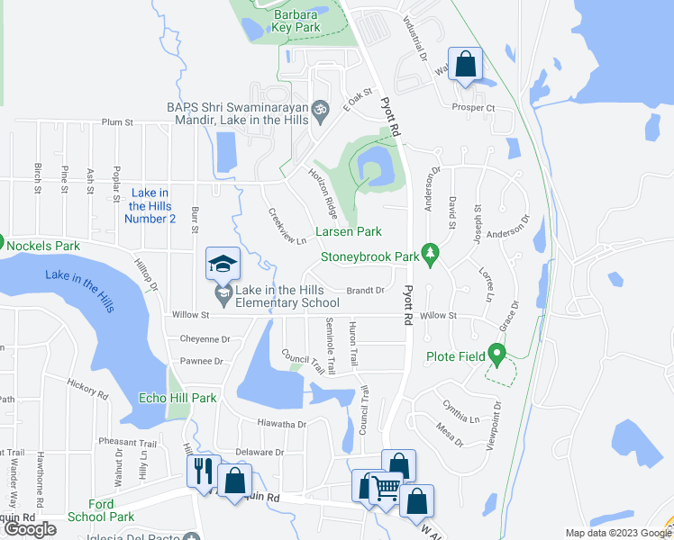 map of restaurants, bars, coffee shops, grocery stores, and more near 951 McPhee Drive in Lake in the Hills