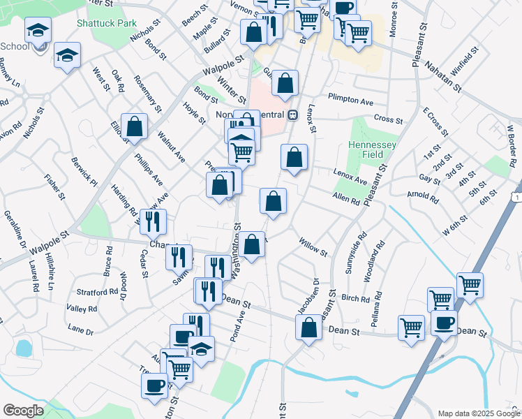 map of restaurants, bars, coffee shops, grocery stores, and more near 934R Washington Street in Norwood