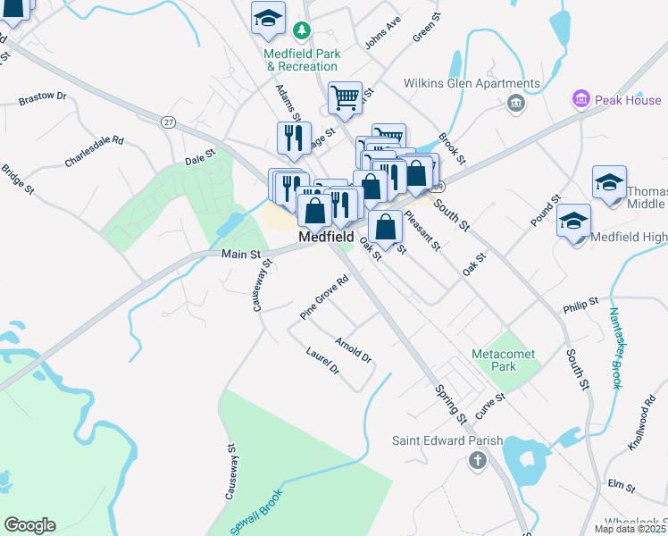 map of restaurants, bars, coffee shops, grocery stores, and more near 15 Spring Street in Medfield