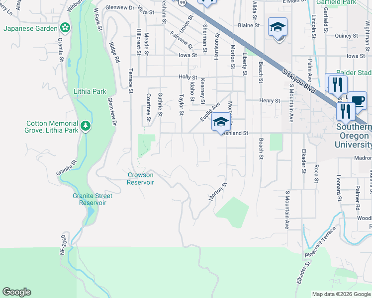 map of restaurants, bars, coffee shops, grocery stores, and more near 590 Taylor Street in Ashland