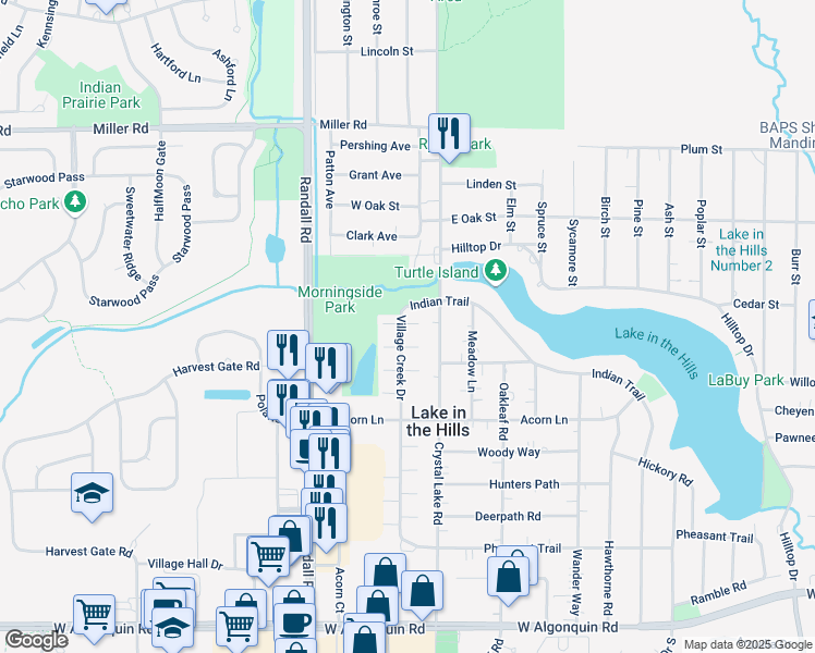 map of restaurants, bars, coffee shops, grocery stores, and more near 440 Village Creek Drive in Lake in the Hills