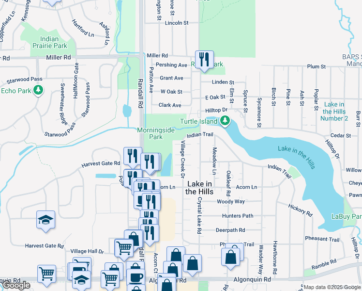 map of restaurants, bars, coffee shops, grocery stores, and more near 467 Village Creek Drive in Lake in the Hills