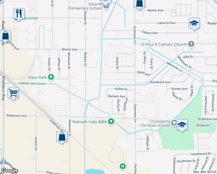 map of restaurants, bars, coffee shops, grocery stores, and more near 3823 Kelley Drive in Klamath Falls