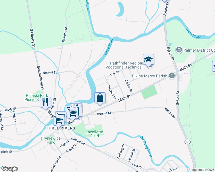 map of restaurants, bars, coffee shops, grocery stores, and more near 50 Ruggles Street in Palmer