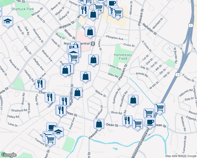 map of restaurants, bars, coffee shops, grocery stores, and more near 7 Hillside Avenue in Norwood