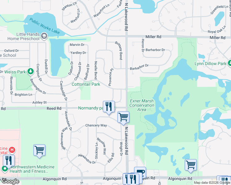 map of restaurants, bars, coffee shops, grocery stores, and more near 760 Normandy Lane in Lake in the Hills