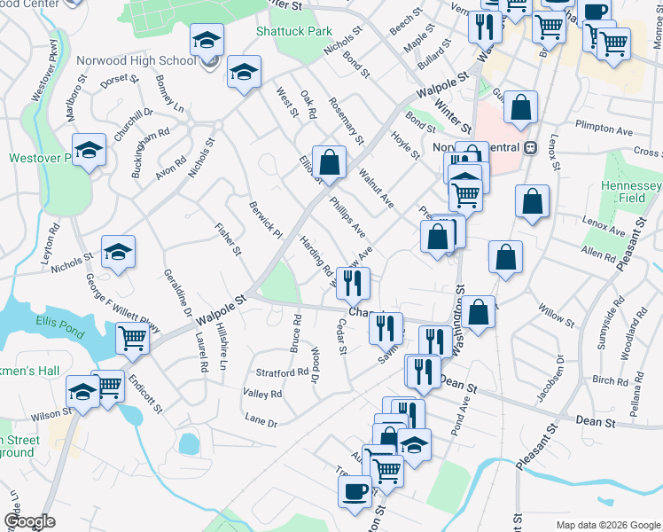 map of restaurants, bars, coffee shops, grocery stores, and more near 50 Harding Road in Norwood