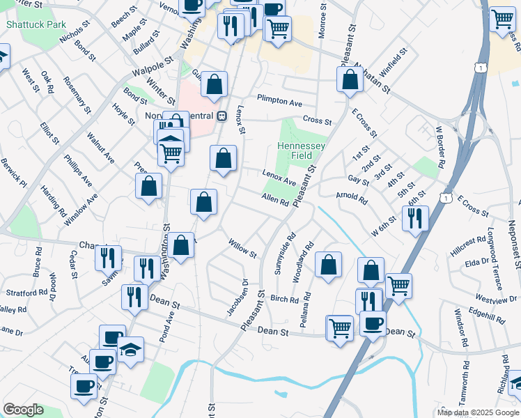 map of restaurants, bars, coffee shops, grocery stores, and more near 32 Hillside Avenue in Norwood
