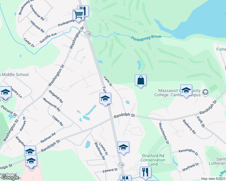 map of restaurants, bars, coffee shops, grocery stores, and more near 42 Farm Street in Canton
