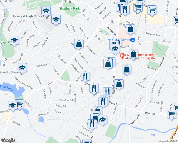 map of restaurants, bars, coffee shops, grocery stores, and more near 158 Winslow Ave in Norwood