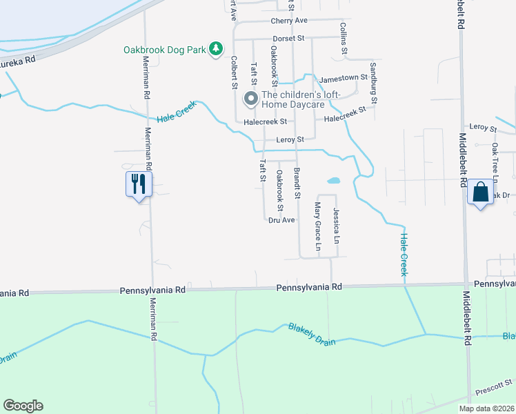 map of restaurants, bars, coffee shops, grocery stores, and more near 16460 Taft St in Romulus