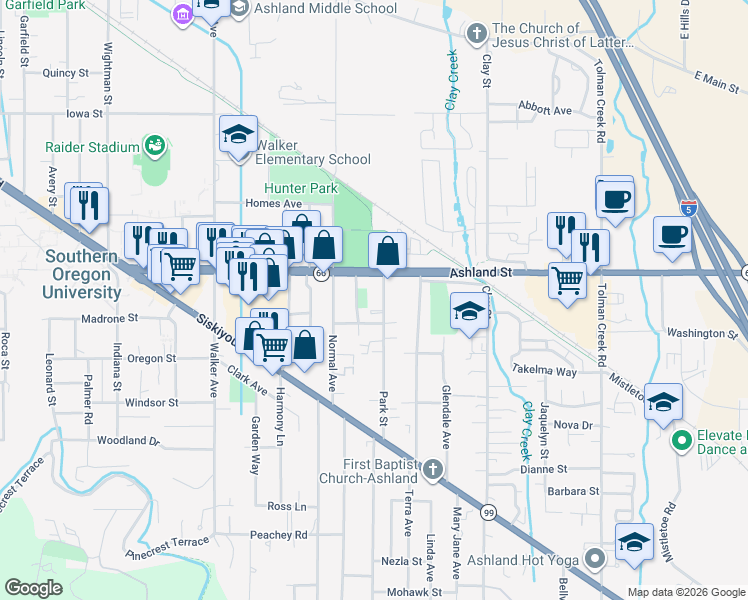 map of restaurants, bars, coffee shops, grocery stores, and more near 620 Sherwood Street in Ashland