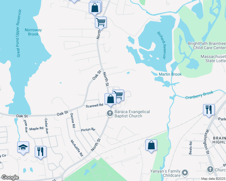 map of restaurants, bars, coffee shops, grocery stores, and more near 691 North Street in Randolph