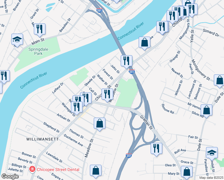 map of restaurants, bars, coffee shops, grocery stores, and more near 76 Meadow Street in Chicopee