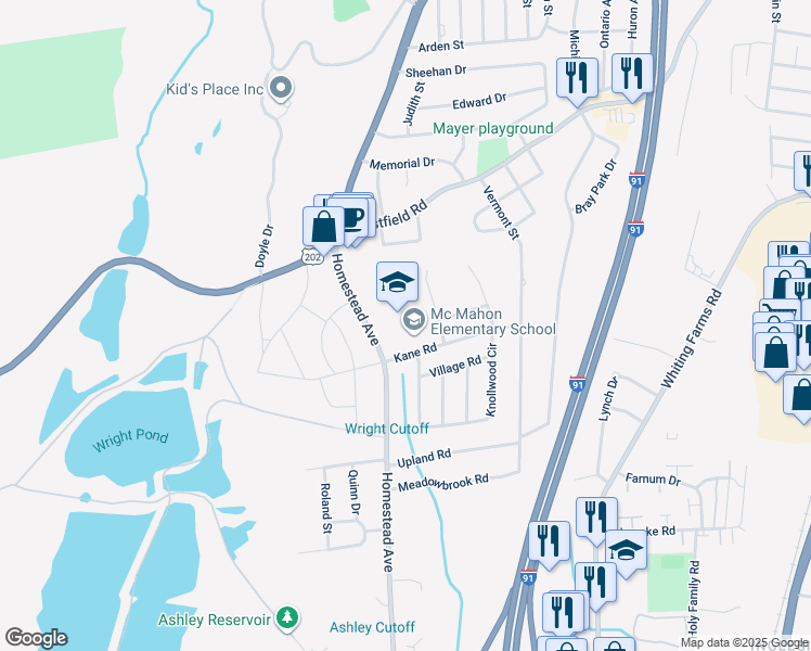map of restaurants, bars, coffee shops, grocery stores, and more near 75 Kane Road in Holyoke