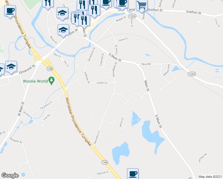 map of restaurants, bars, coffee shops, grocery stores, and more near 24 Woodland Street in Millbury
