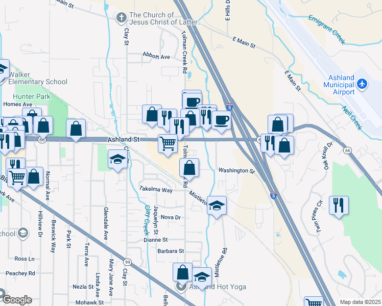 map of restaurants, bars, coffee shops, grocery stores, and more near 600 Tolman Creek Road in Ashland