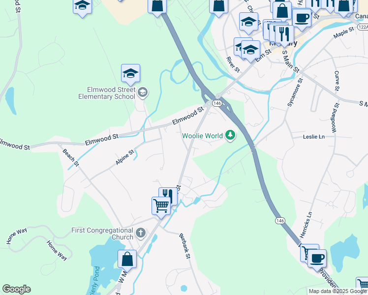 map of restaurants, bars, coffee shops, grocery stores, and more near 1 Gould Street in Millbury