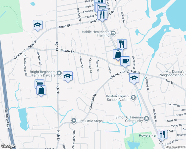 map of restaurants, bars, coffee shops, grocery stores, and more near 26 Overlook Road in Randolph