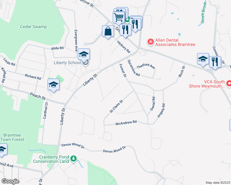 map of restaurants, bars, coffee shops, grocery stores, and more near 59 Geraldine Lane in Braintree