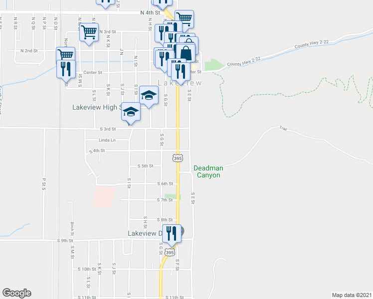 map of restaurants, bars, coffee shops, grocery stores, and more near 398 South E Street in Lakeview