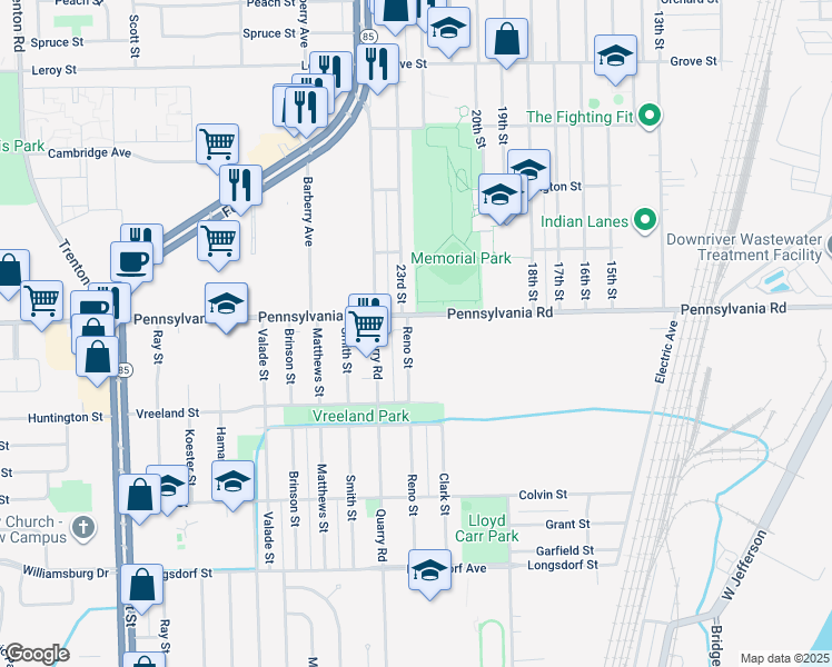 map of restaurants, bars, coffee shops, grocery stores, and more near 17029 Reno Street in Riverview