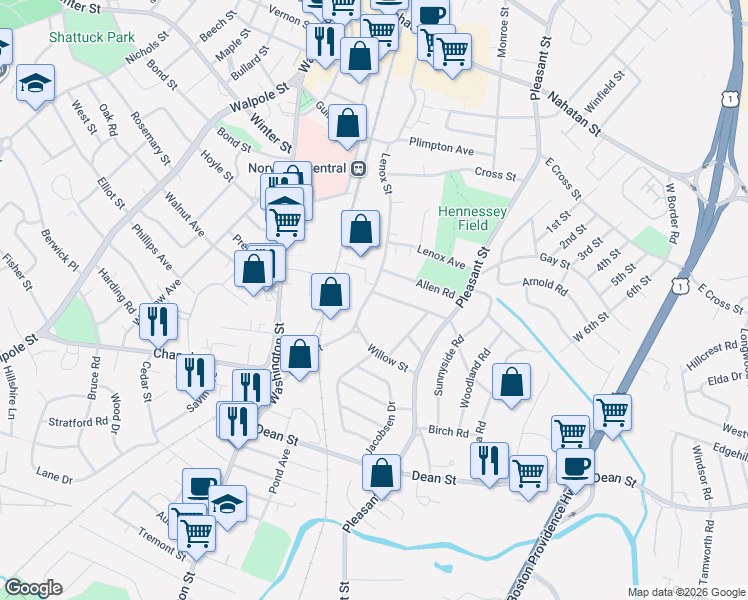 map of restaurants, bars, coffee shops, grocery stores, and more near 7 Hillside Avenue in Norwood