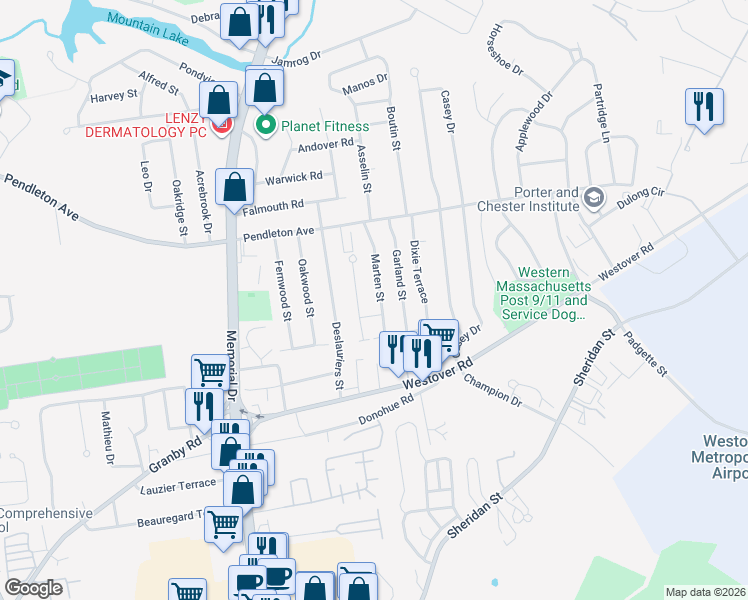 map of restaurants, bars, coffee shops, grocery stores, and more near 86 Marten Street in Chicopee