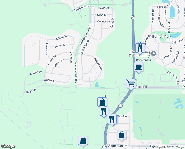 map of restaurants, bars, coffee shops, grocery stores, and more near 11989 Brunschon Lane in Huntley