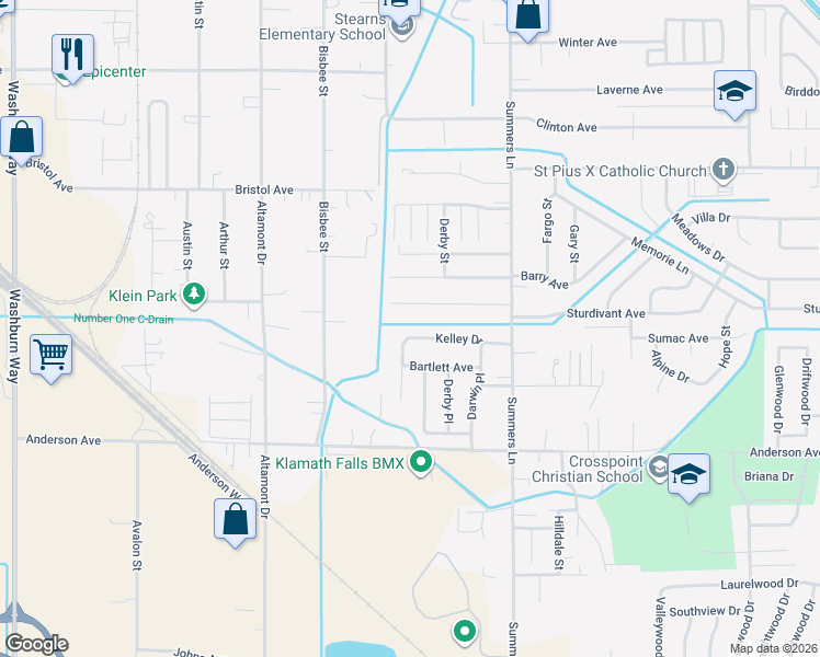 map of restaurants, bars, coffee shops, grocery stores, and more near 3823 Kelley Drive in Klamath Falls