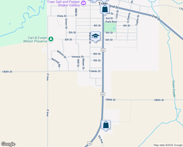 map of restaurants, bars, coffee shops, grocery stores, and more near 1001 Walnut Street in Traer