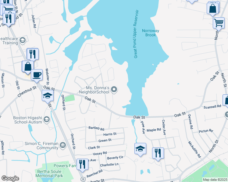 map of restaurants, bars, coffee shops, grocery stores, and more near 15 Reservoir Drive in Randolph