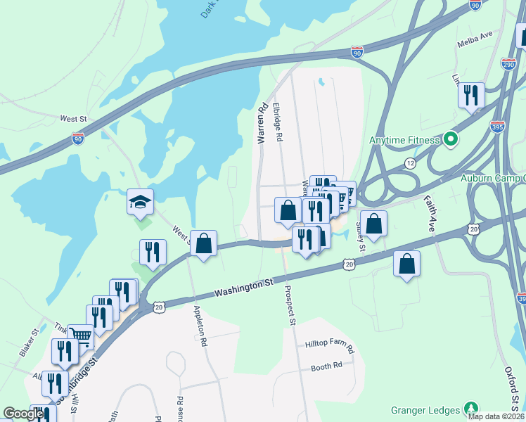 map of restaurants, bars, coffee shops, grocery stores, and more near 8 Warren Road in Auburn