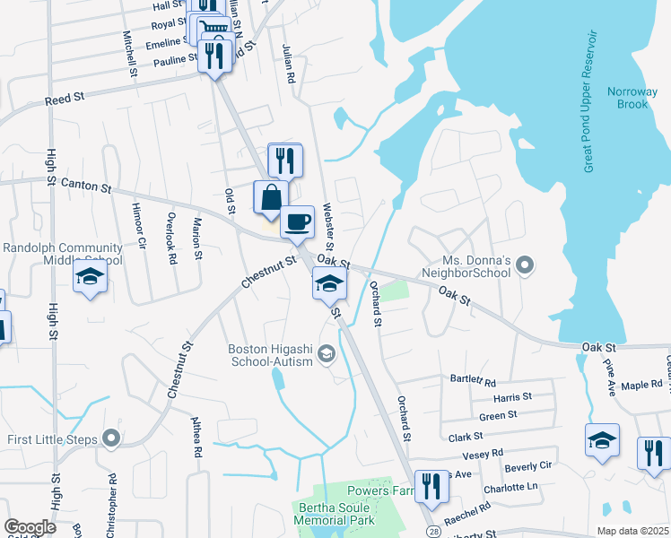 map of restaurants, bars, coffee shops, grocery stores, and more near 10 Oak Street in Randolph