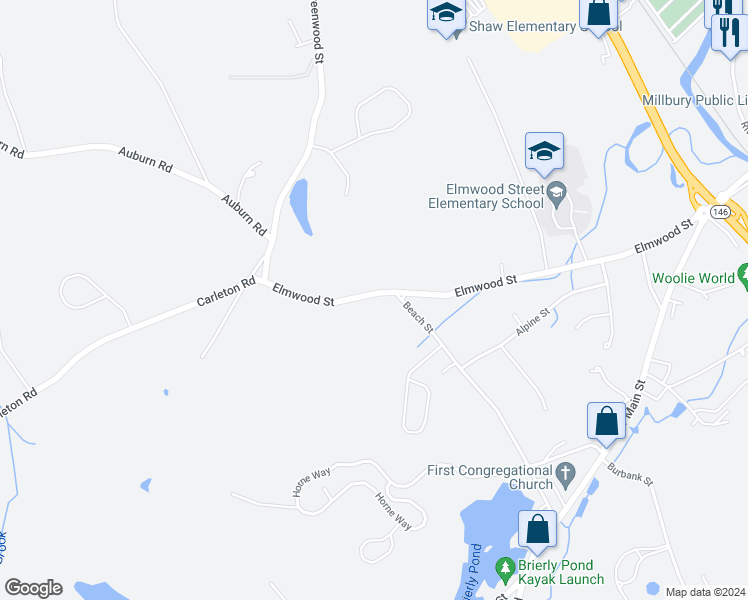 map of restaurants, bars, coffee shops, grocery stores, and more near 81 Elmwood Street in Millbury