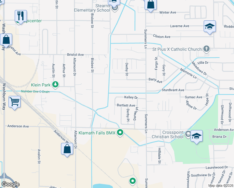 map of restaurants, bars, coffee shops, grocery stores, and more near 3823 Kelley Drive in Klamath Falls